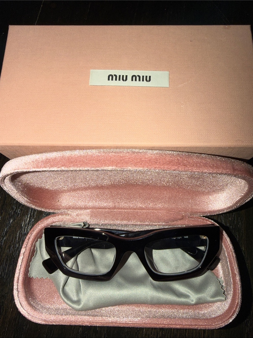 Miu Miu Black Bold Cat-Eye Glasses with Pink Velvet Case and Box
